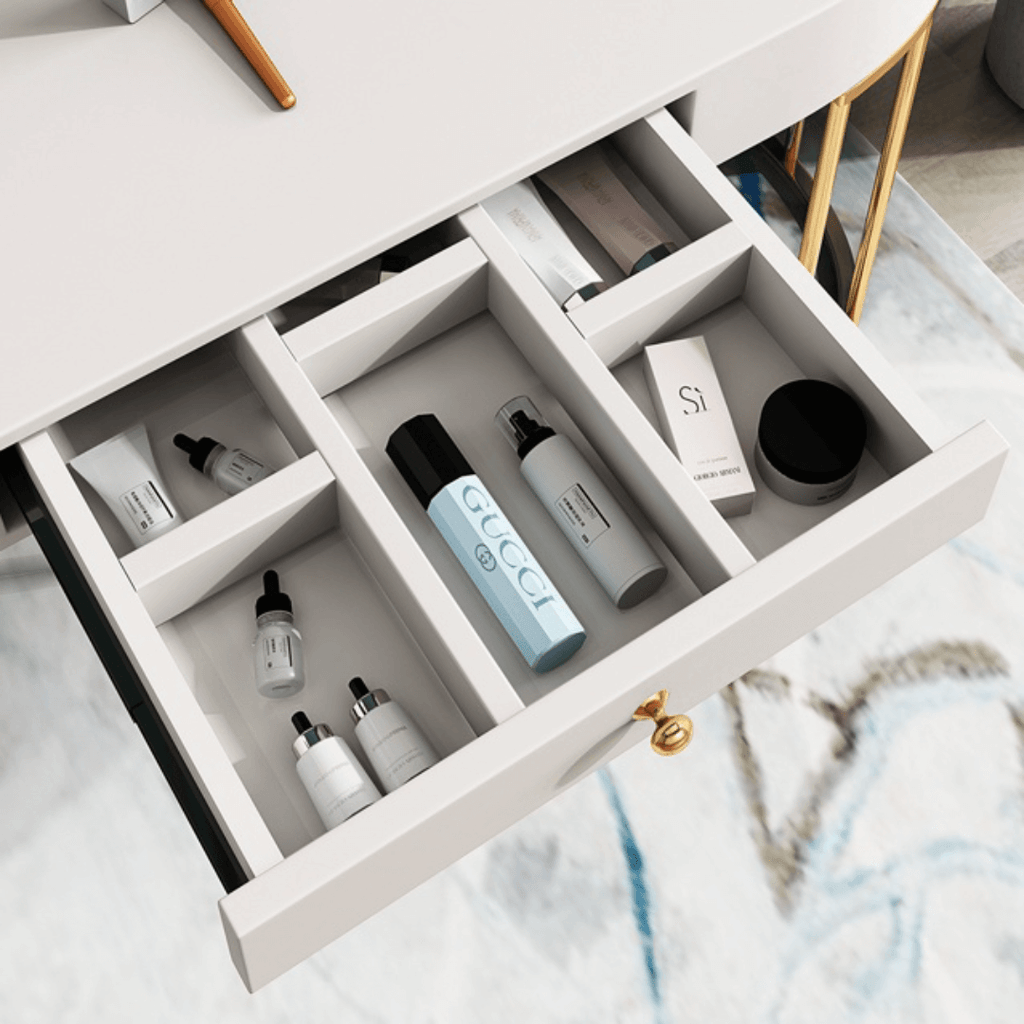 Makeup vanity set with extendable dressing table, side cabinet, mirror, and chair in white, pink, green, and blue