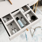 Makeup vanity set with extendable dressing table, side cabinet, mirror, and chair in white, pink, green, and blue