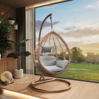 Porch swing with tropical ivory and auburn hydrophobic framed pads, metal stand and chain included