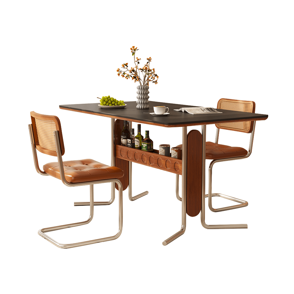 Square vintage dining and desk combo table with slate top, storage, and stainless steel legs