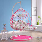 Metal porch swing with cushions, chain, and stand, designed to be heat resistant for outdoor use