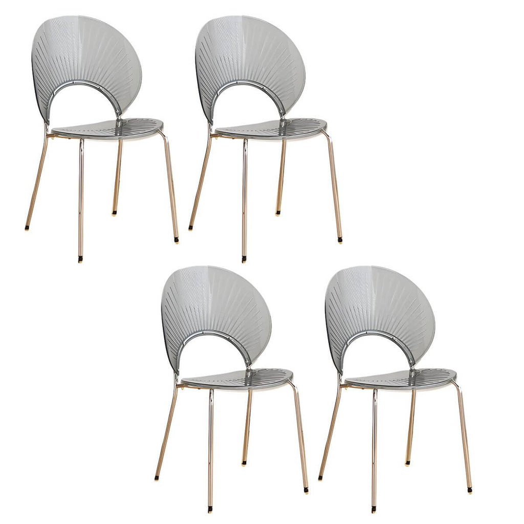 Stackable acrylic dining chair with open back and metal legs, armless design for modern dining rooms