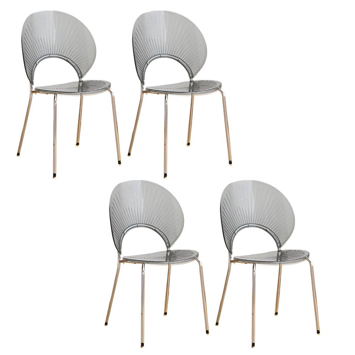 Stackable acrylic dining chair with open back and metal legs, armless design for modern dining rooms