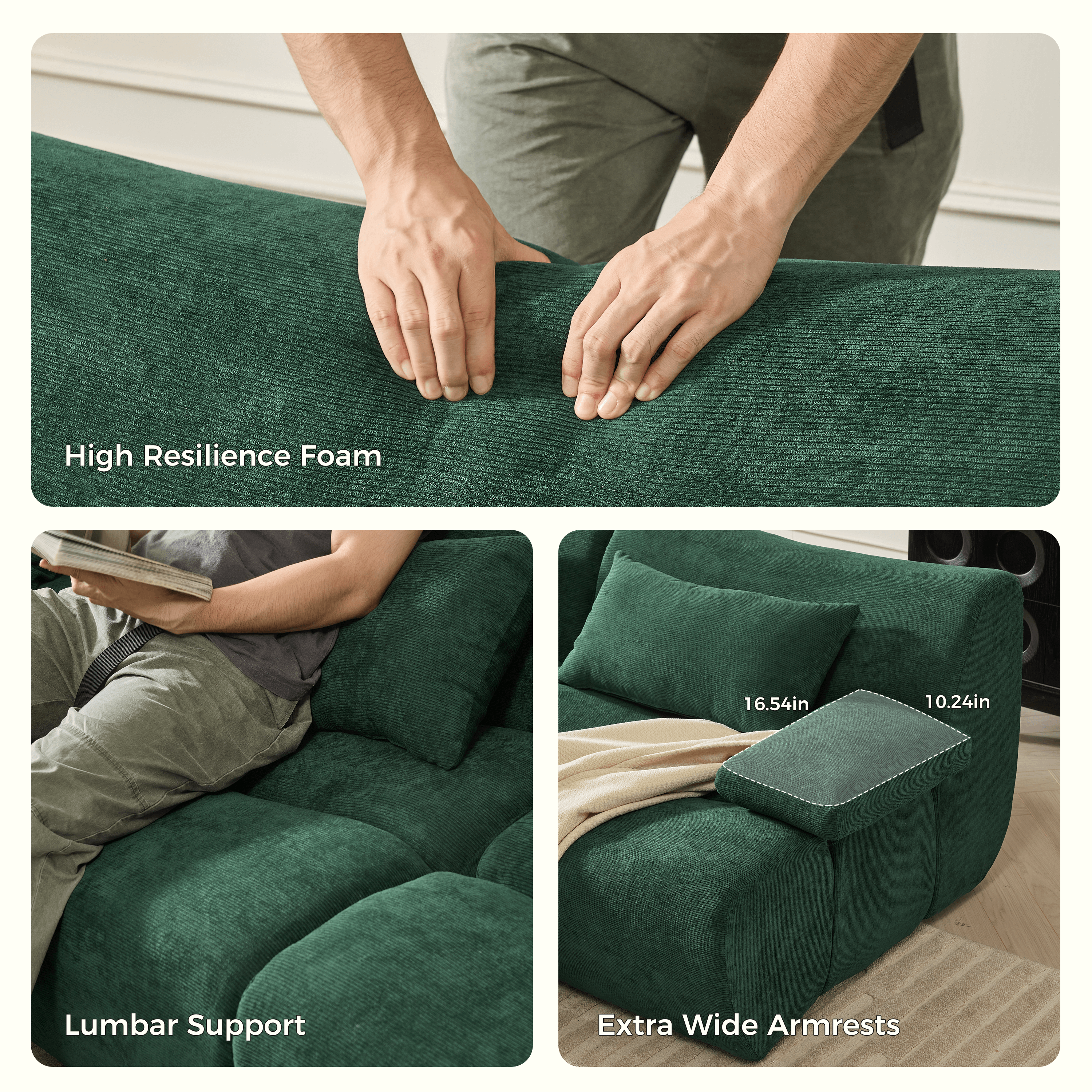 Green and brown modern corduroy sectional sofa with comfortable seating