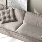 Gray Scandinavian sofa bed with fabric upholstery and coir faux leather sleeper, 69 inches long