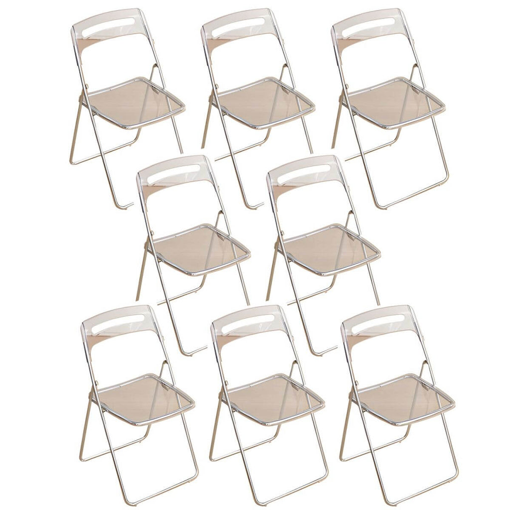 Modern collapsible open back side chair made of plastic and acrylic, ideal for kitchen and dining areas