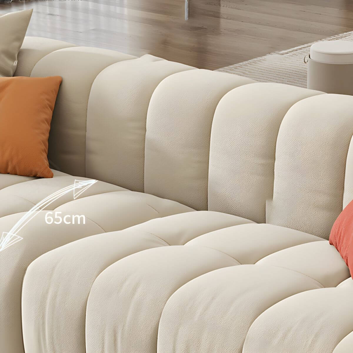 Beige upholstered wood sofa with square arms and sewn pillow back for modern living rooms