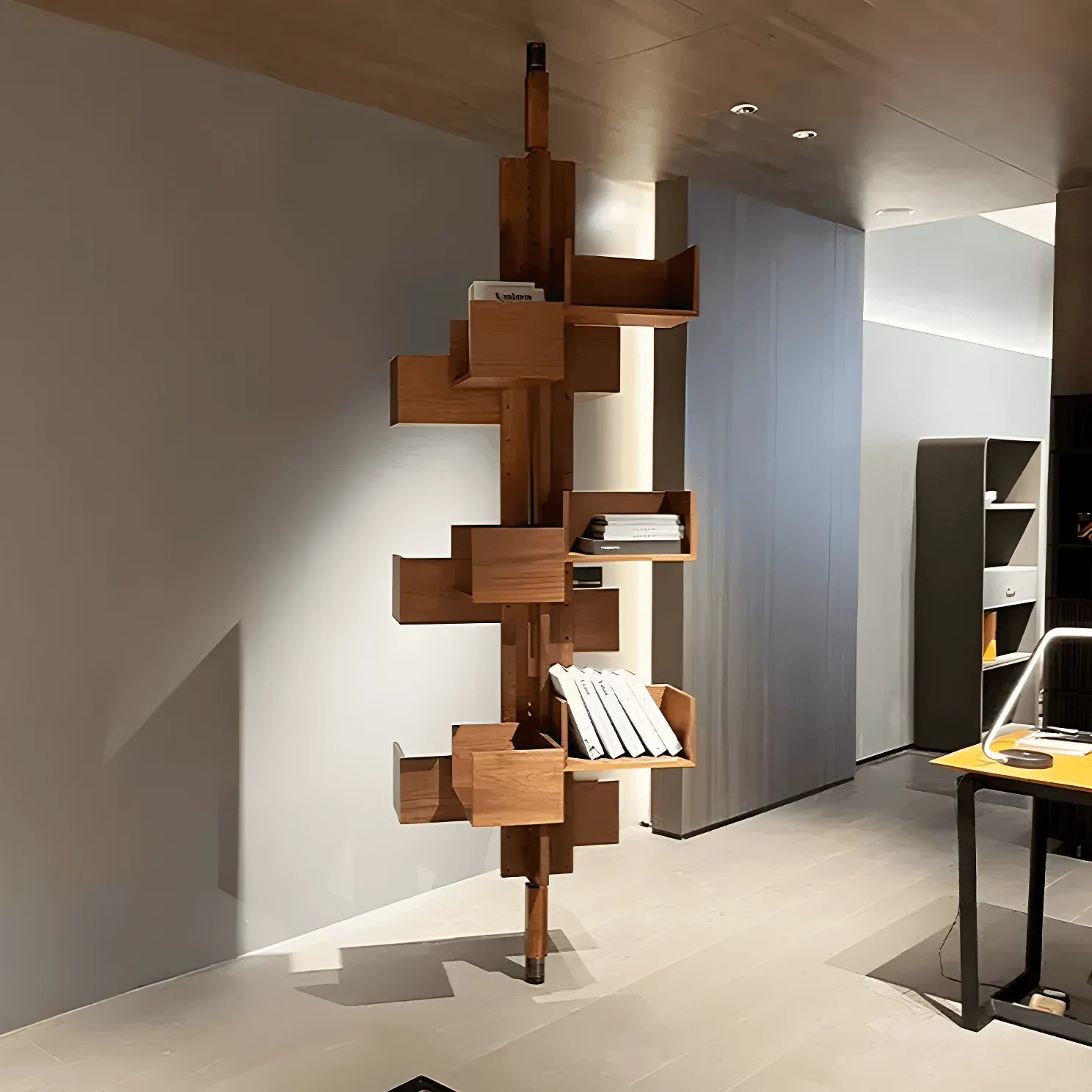 Floor-to-Ceiling Albero Wood Rotating Bookshelf, Sculptural Open Display