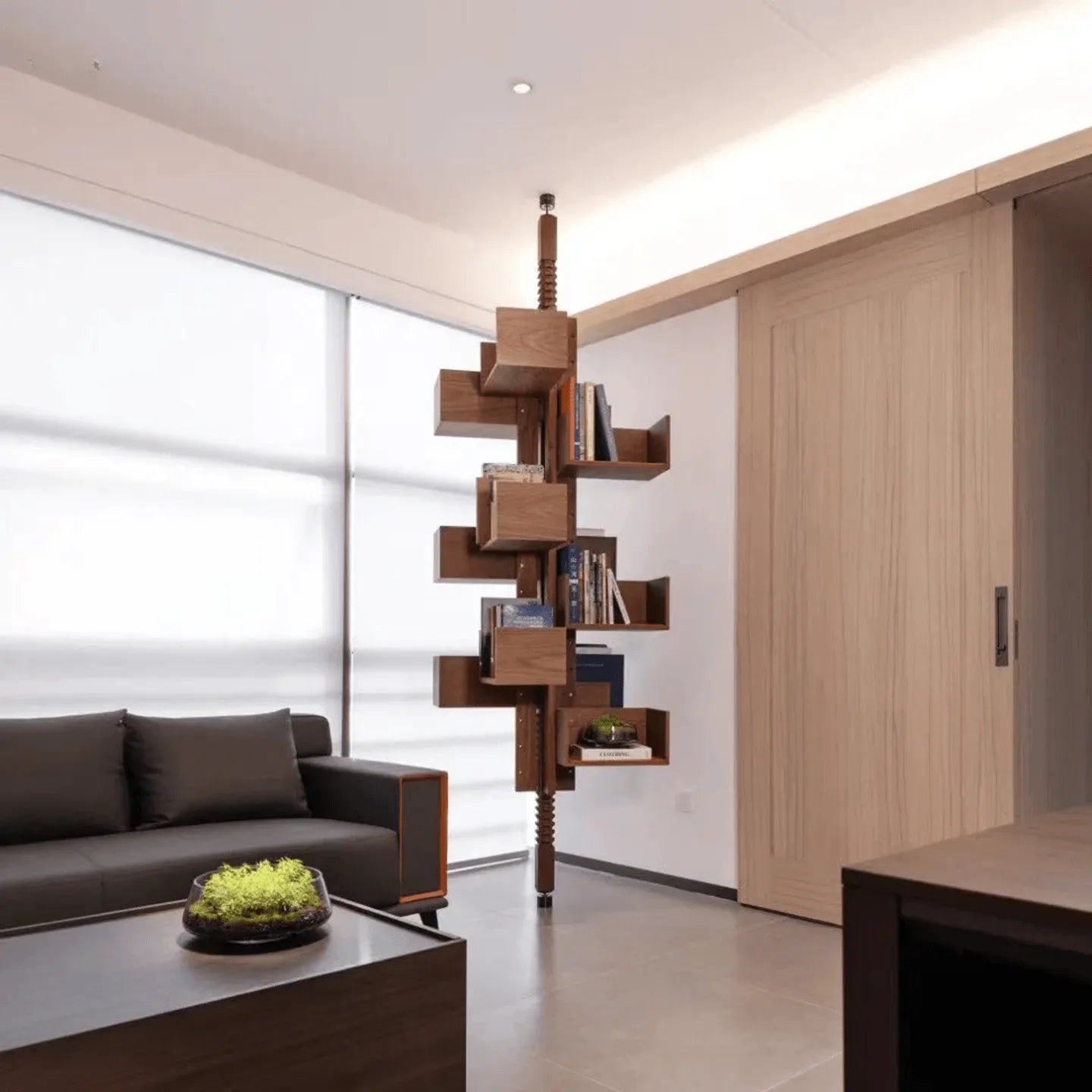Floor-to-Ceiling Albero Wood Rotating Bookshelf, Sculptural Open Display