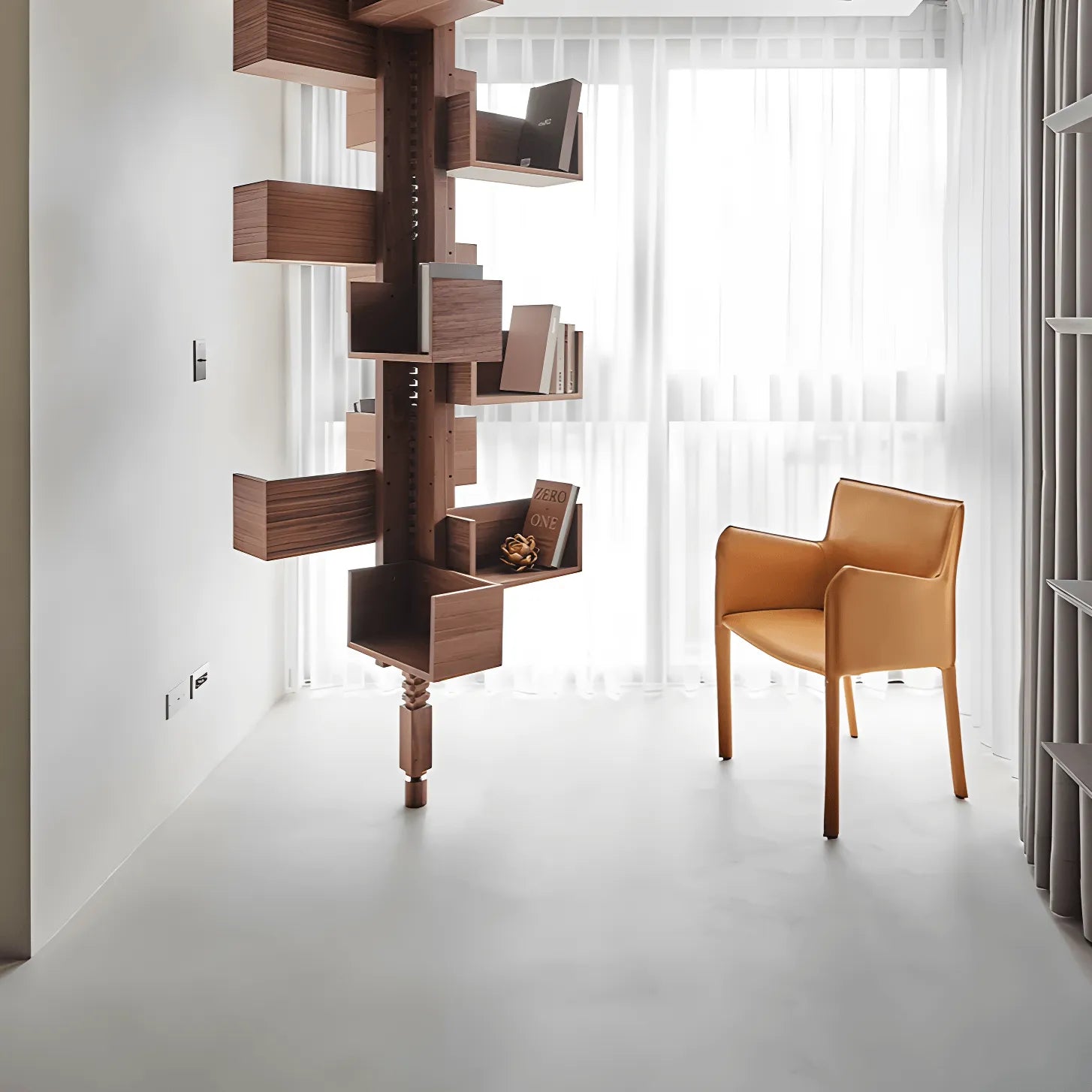 Floor-to-Ceiling Albero Wood Rotating Bookshelf, Sculptural Open Display