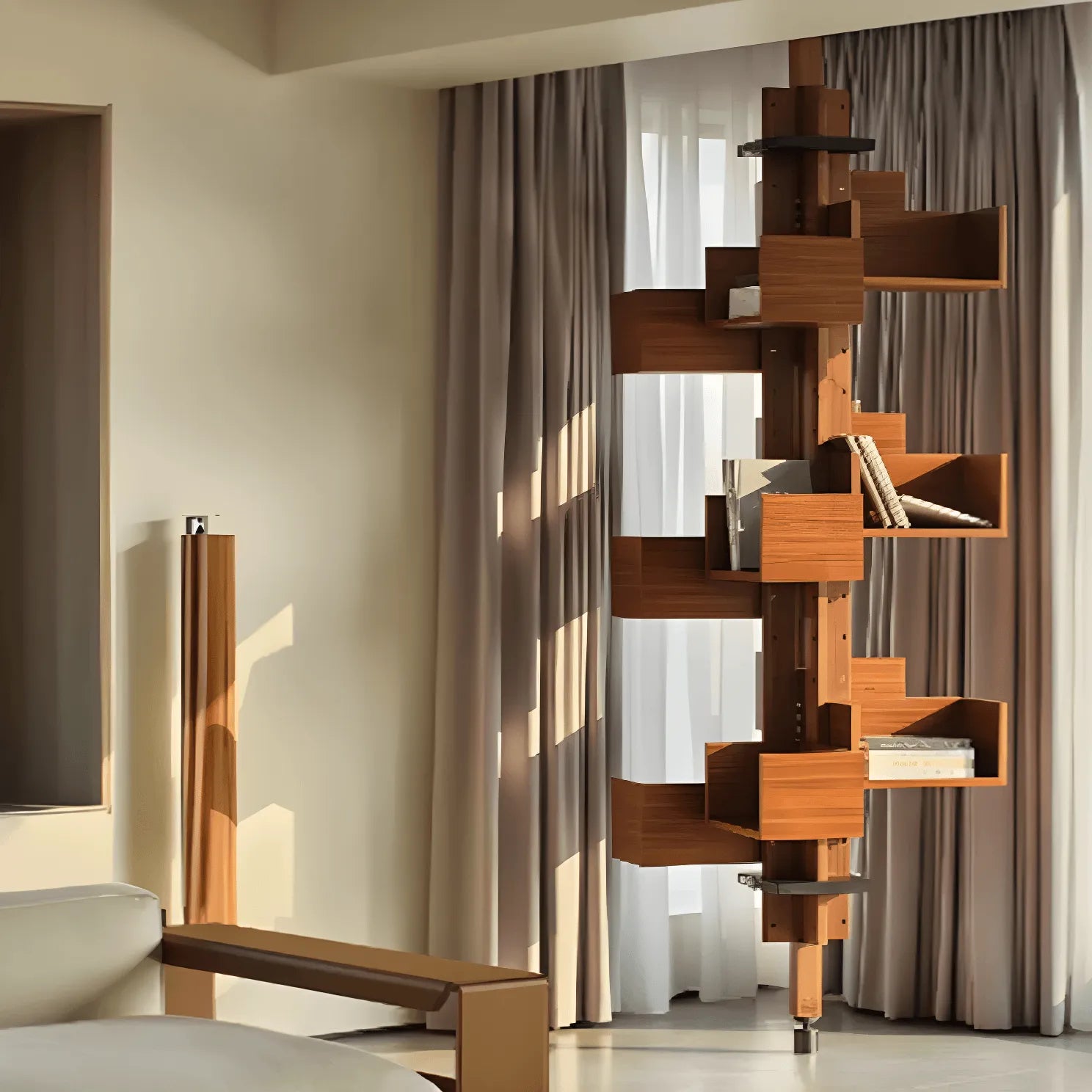 Floor-to-Ceiling Albero Wood Rotating Bookshelf, Sculptural Open Display