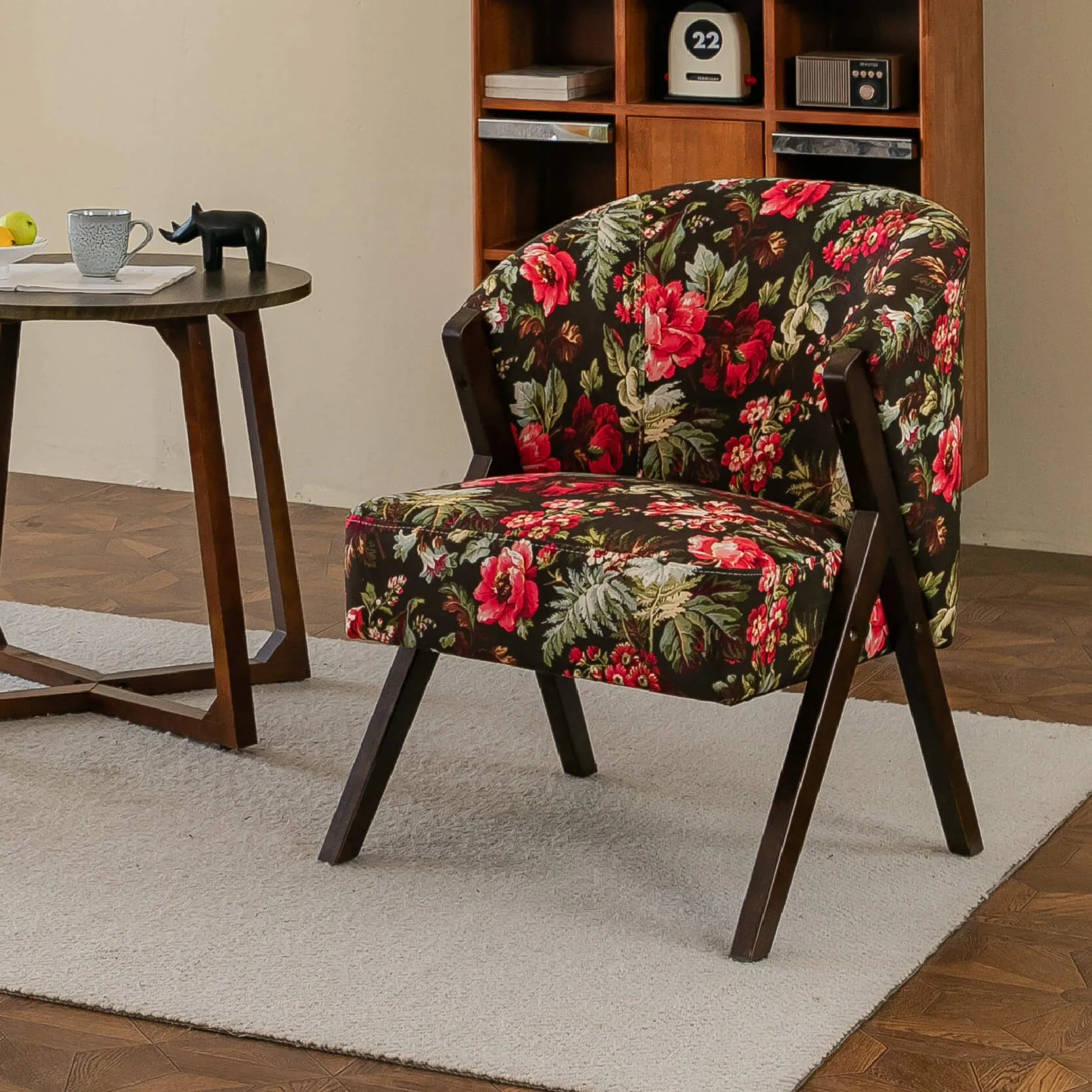 Floral Accent Chair With Curved Back and Dark Wood Frame Series