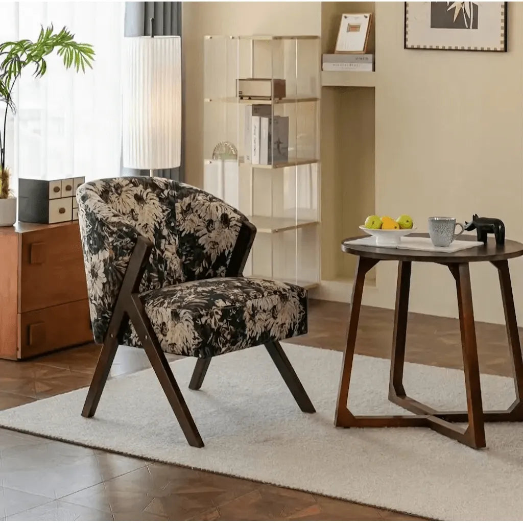 Floral Accent Chair With Curved Back and Dark Wood Frame Series