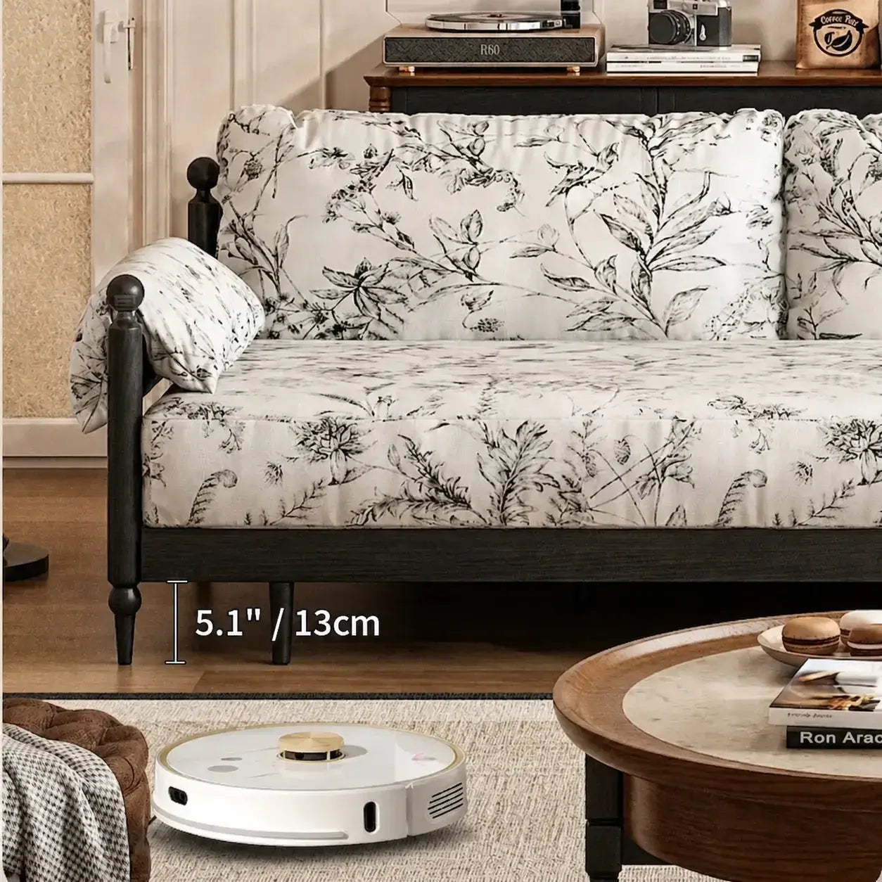 Floral Sofa Bed in Dark Walnut Ash Wood, Vintage Slim Frame Series