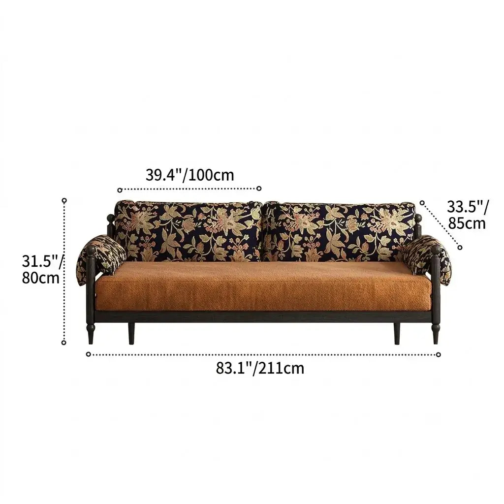 Floral Sofa Bed in Dark Walnut Ash Wood, Vintage Slim Frame Series
