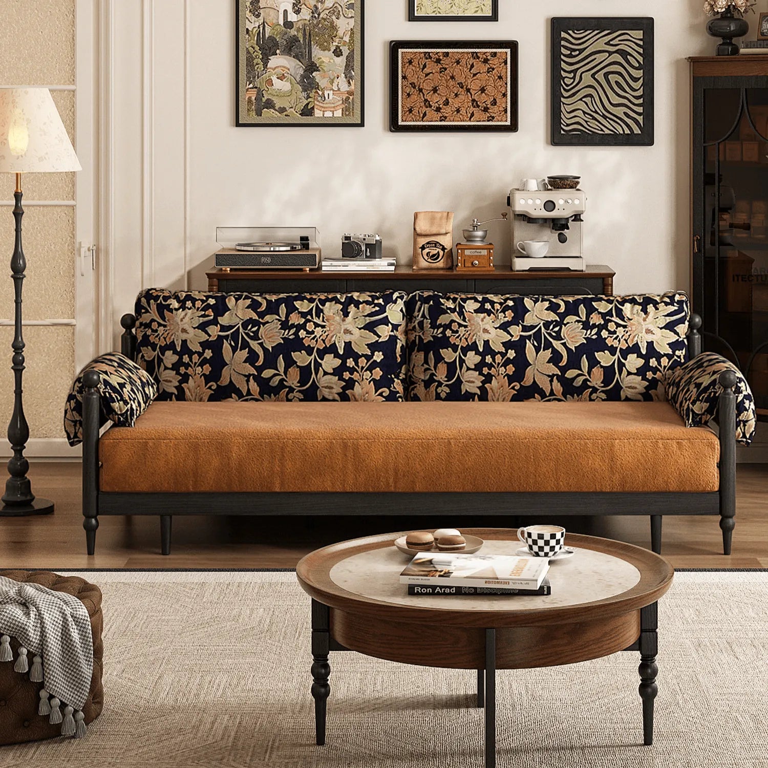 Floral Sofa Bed in Dark Walnut Ash Wood, Vintage Slim Frame Series
