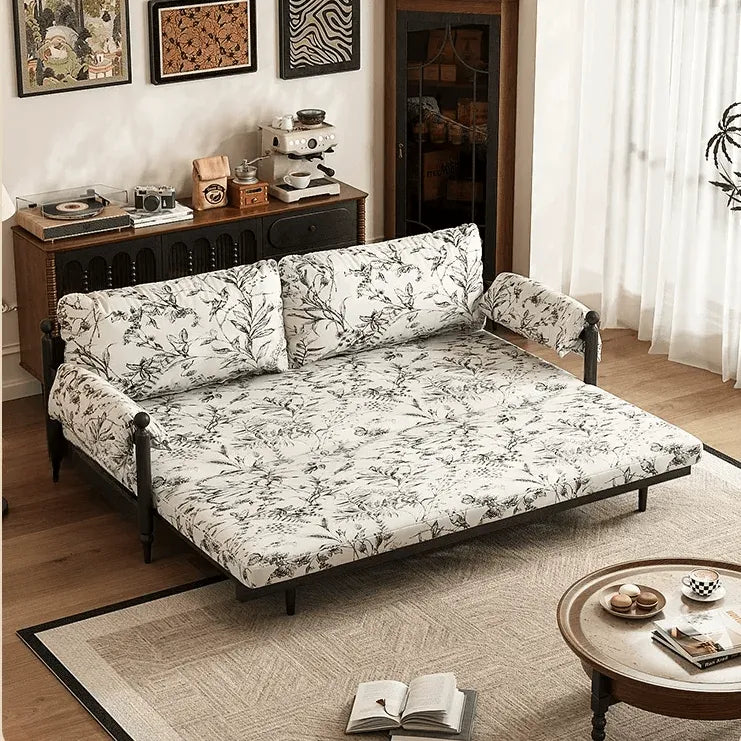 Floral Sofa Bed in Dark Walnut Ash Wood, Vintage Slim Frame Series