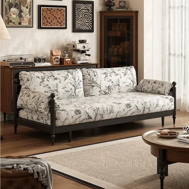 Floral Sofa Bed in Dark Walnut Ash Wood, Vintage Slim Frame Series