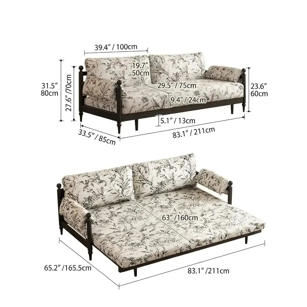 Floral Sofa Bed in Dark Walnut Ash Wood, Vintage Slim Frame Series Dimensions