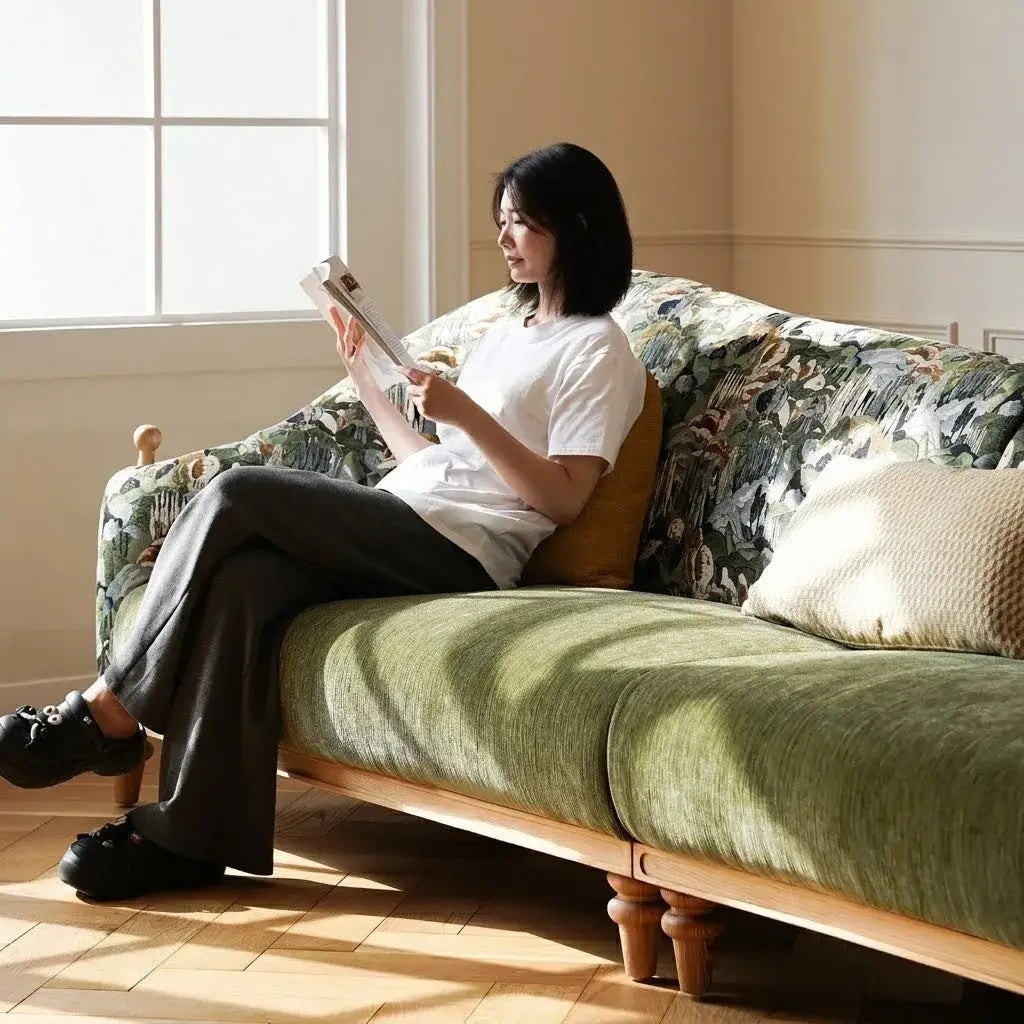 Floral Sofa With Ash Wood Frame, French Vintage Lounge Silhouette