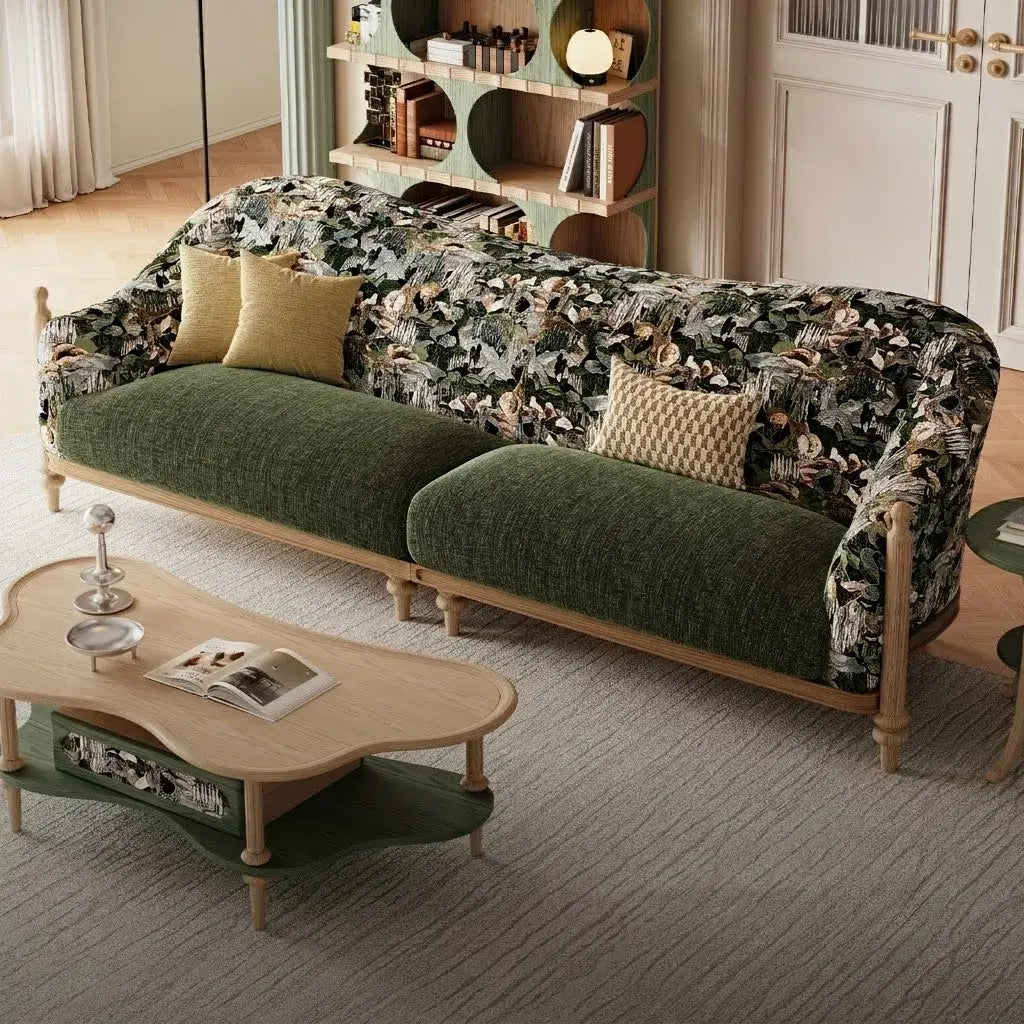 Floral Sofa With Ash Wood Frame, French Vintage Lounge Silhouette