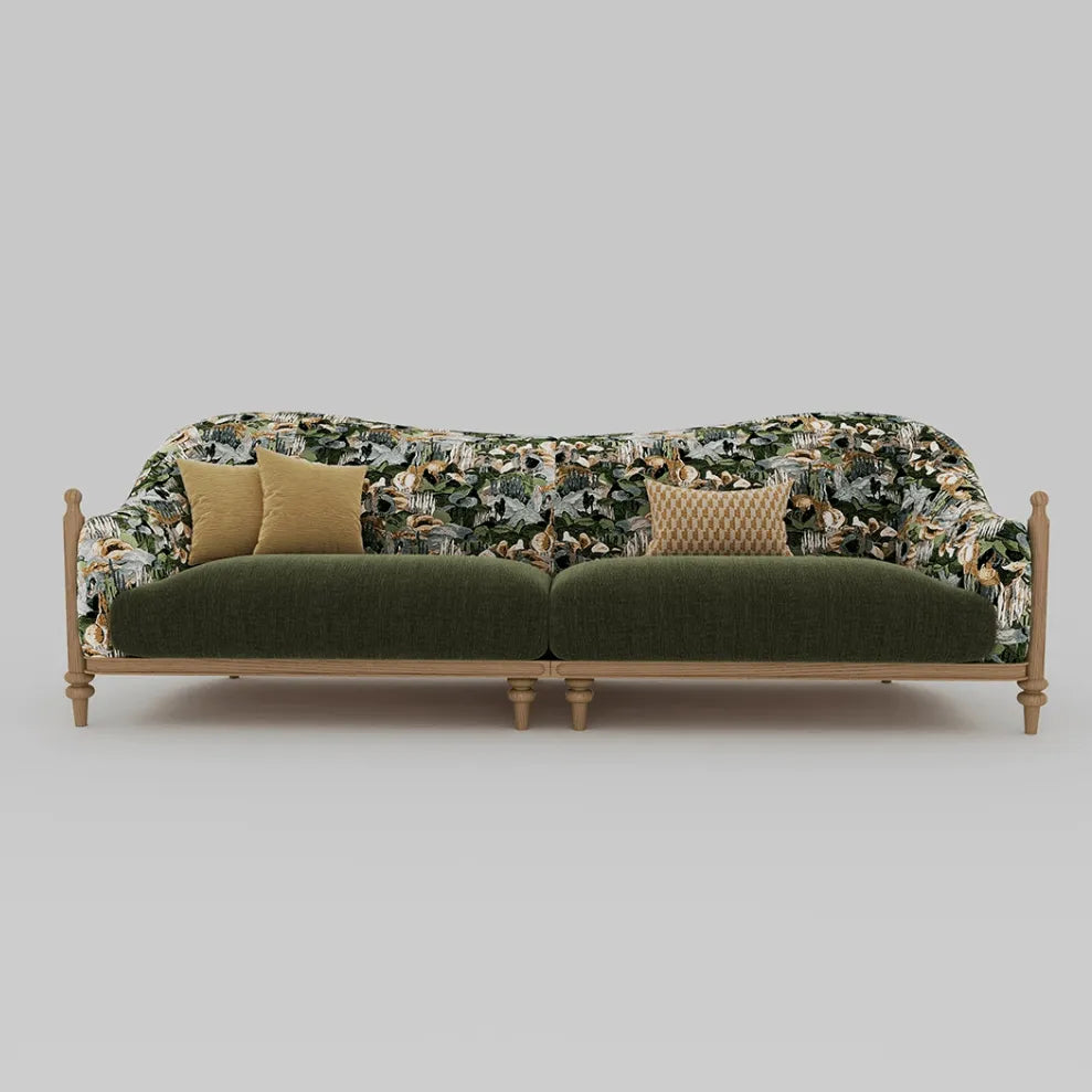 Floral Sofa With Ash Wood Frame, French Vintage Lounge Silhouette