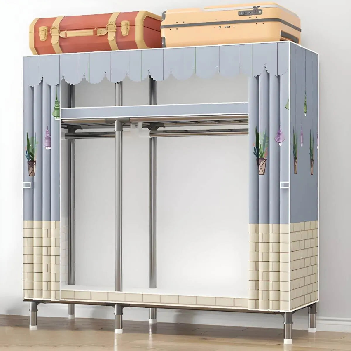 Floral Steel Sliding Door Wardrobe Armoire With Shelves And Rod
