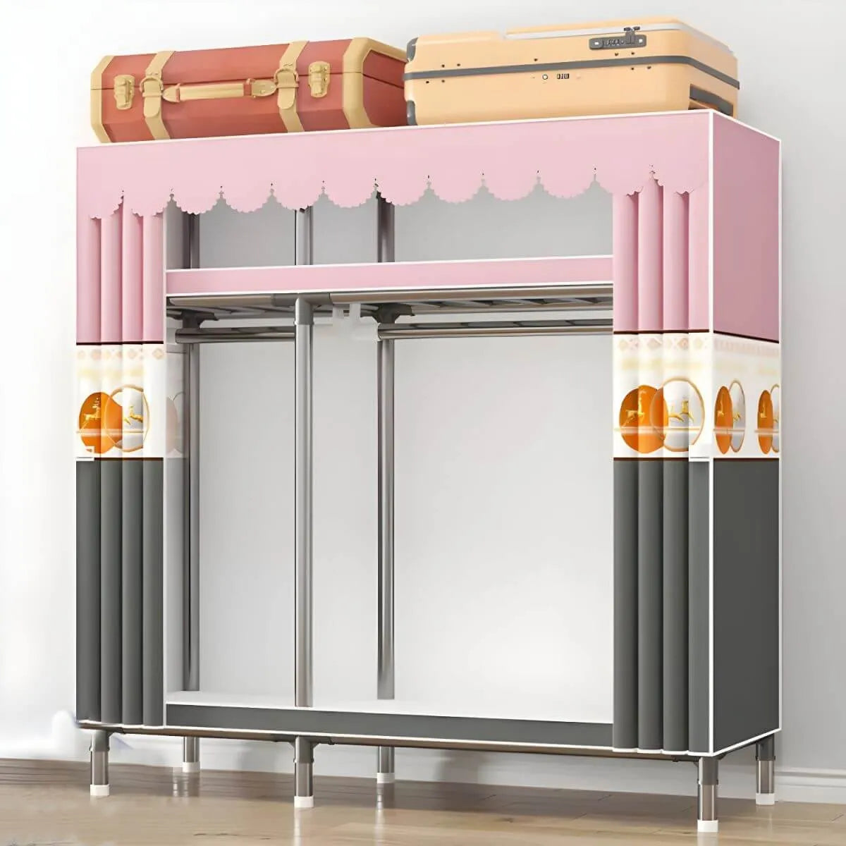 Floral Steel Sliding Door Wardrobe Armoire With Shelves And Rod