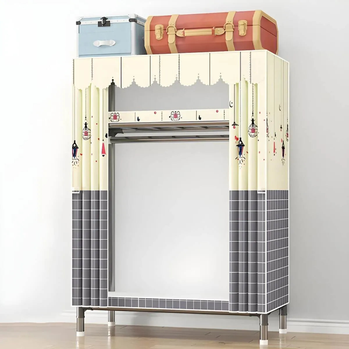 Floral Steel Sliding Door Wardrobe Armoire With Shelves And Rod