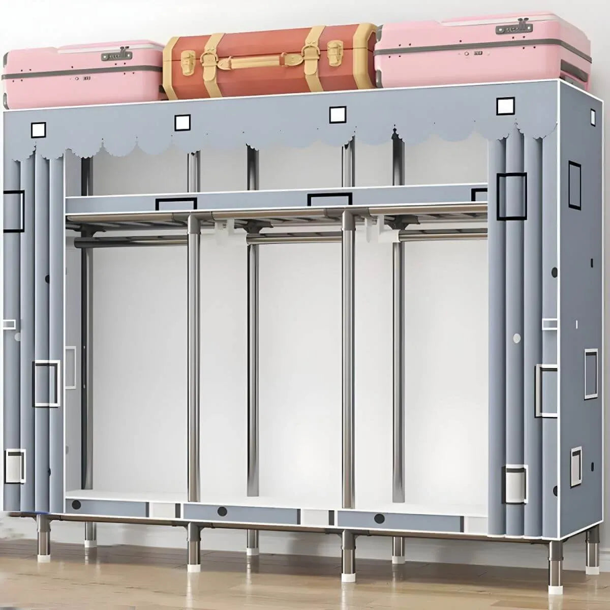 Floral Steel Sliding Door Wardrobe Armoire With Shelves And Rod
