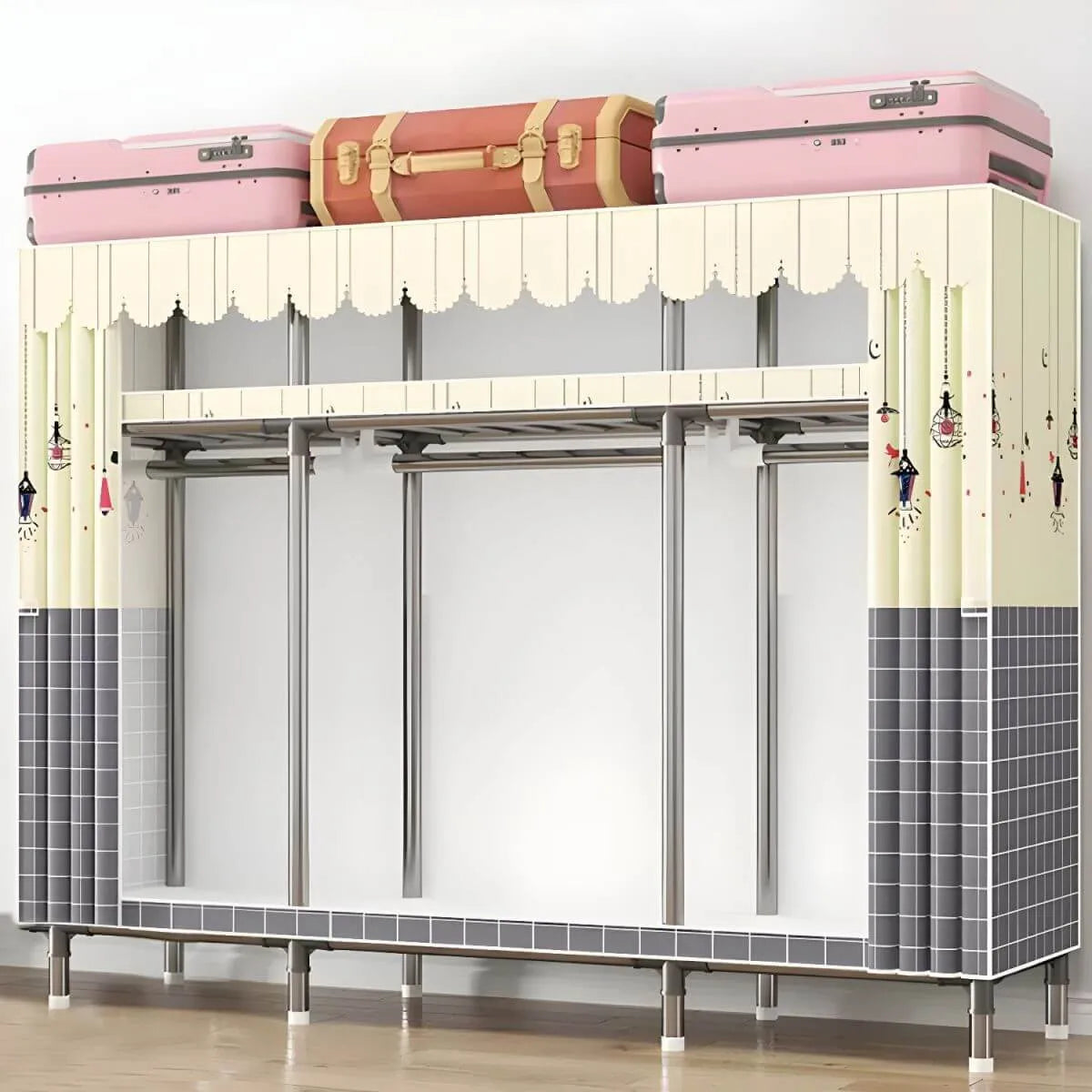 Floral Steel Sliding Door Wardrobe Armoire With Shelves And Rod