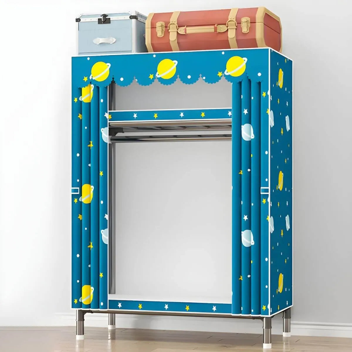 Floral Steel Sliding Door Wardrobe Armoire With Shelves And Rod