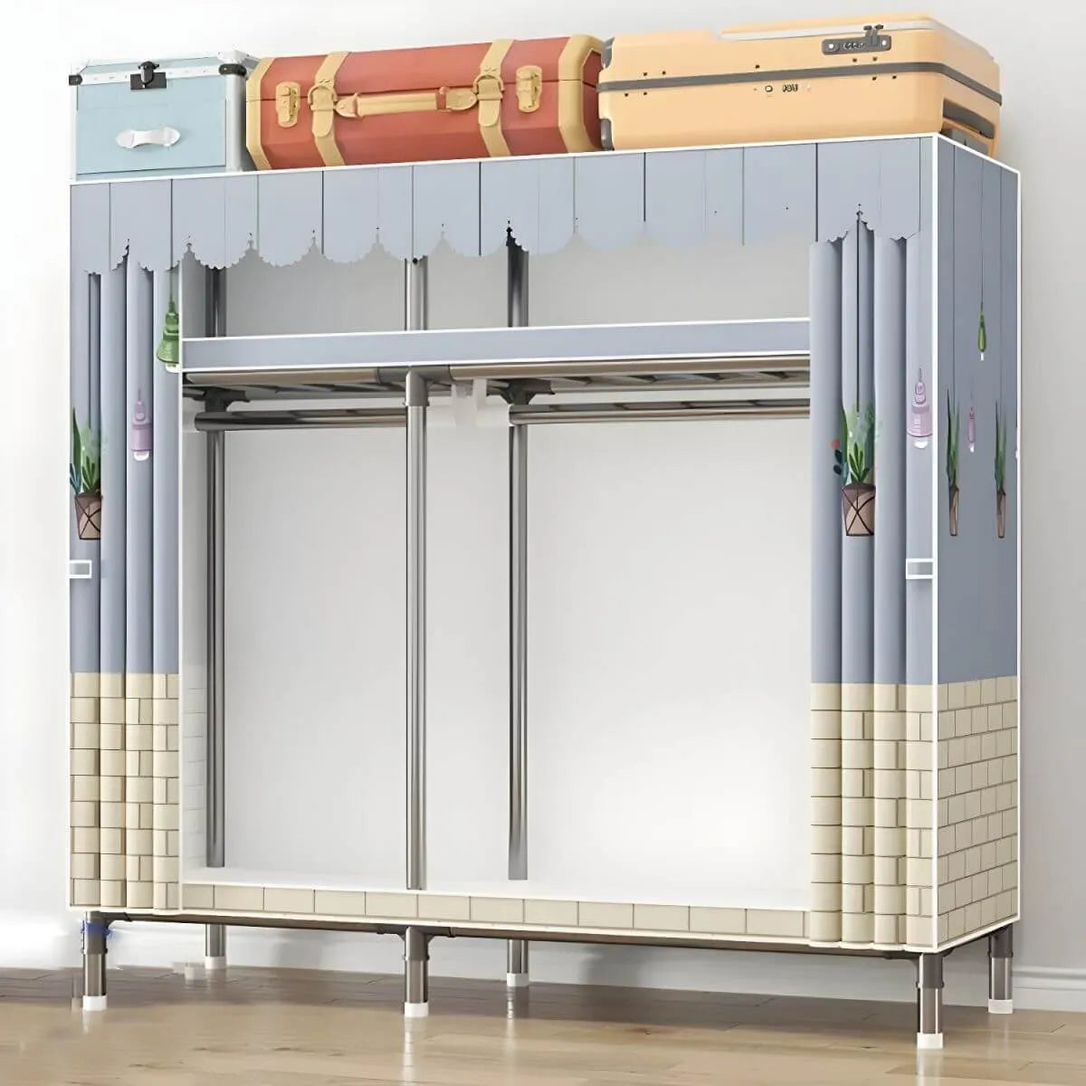 Floral Steel Sliding Door Wardrobe Armoire With Shelves And Rod