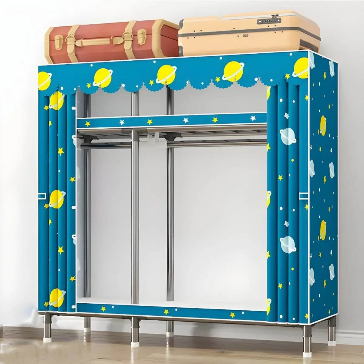 Floral Steel Sliding Door Wardrobe Armoire With Shelves And Rod