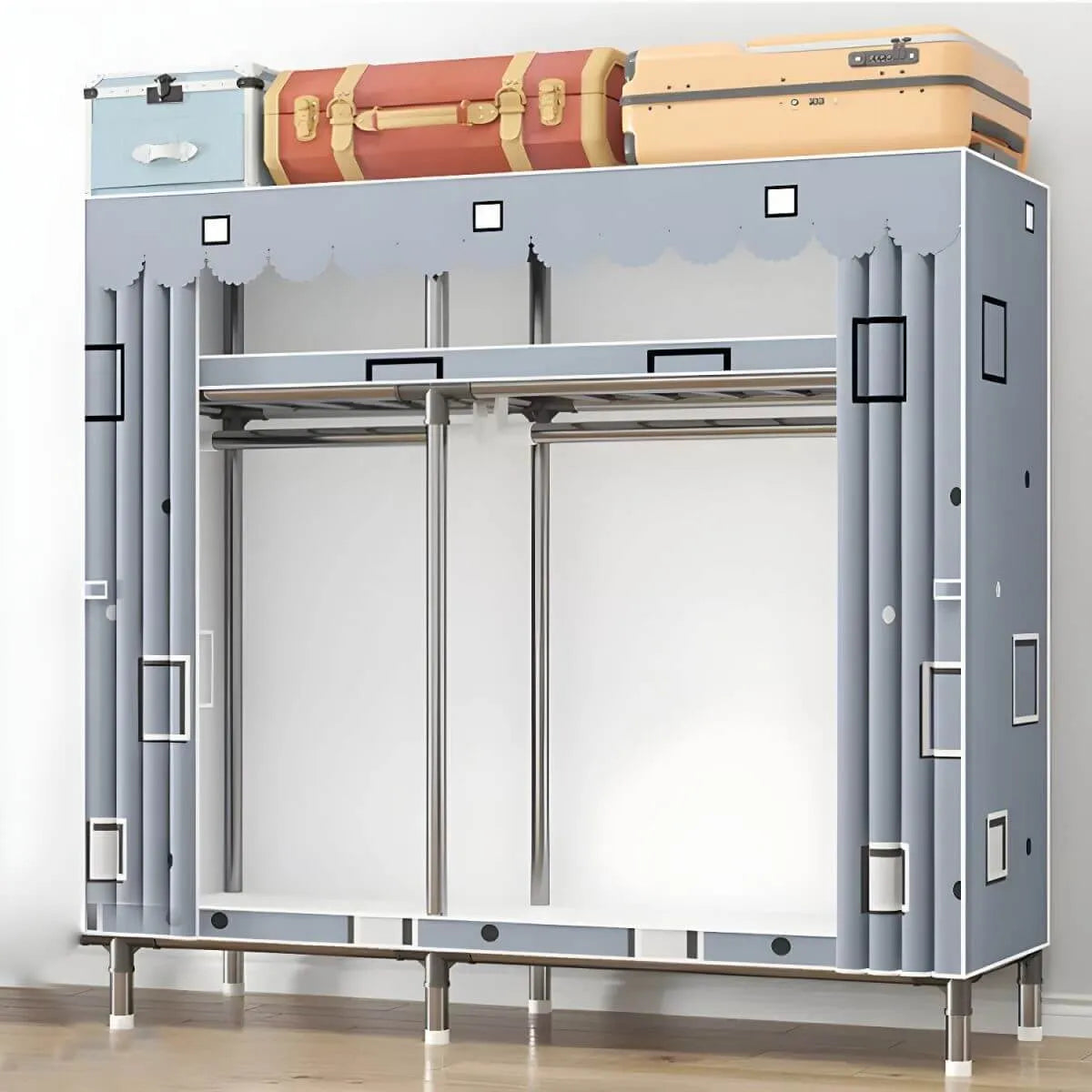 Floral Steel Sliding Door Wardrobe Armoire With Shelves And Rod