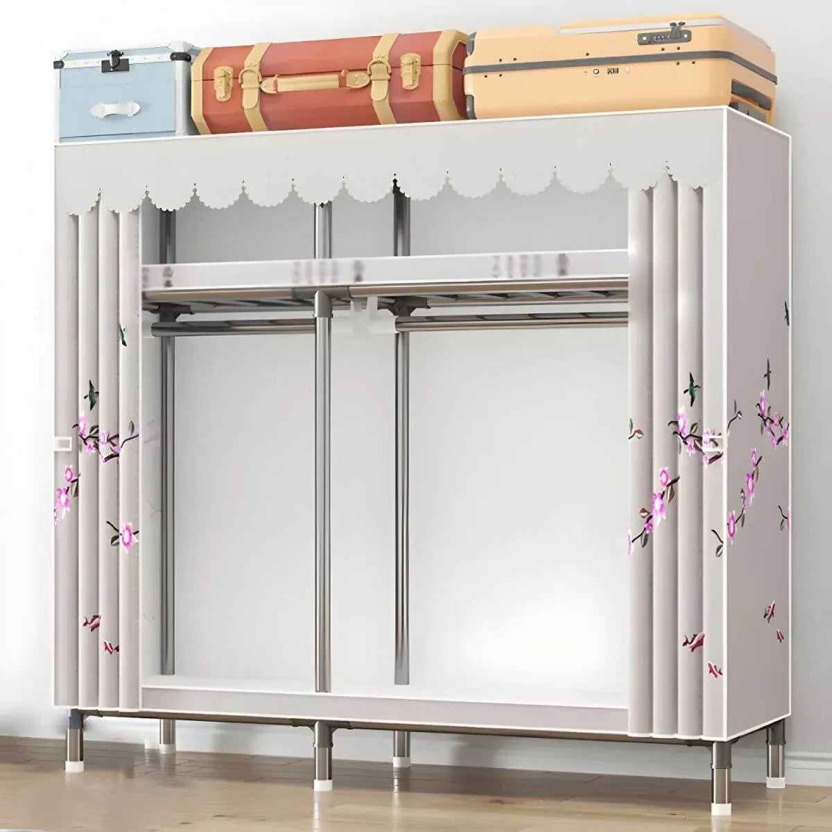 Floral Steel Sliding Door Wardrobe Armoire With Shelves And Rod