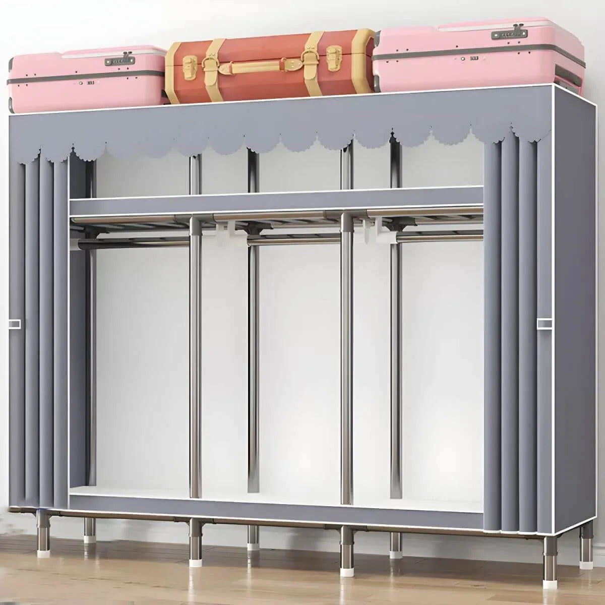 Floral Steel Sliding Door Wardrobe Armoire With Shelves And Rod