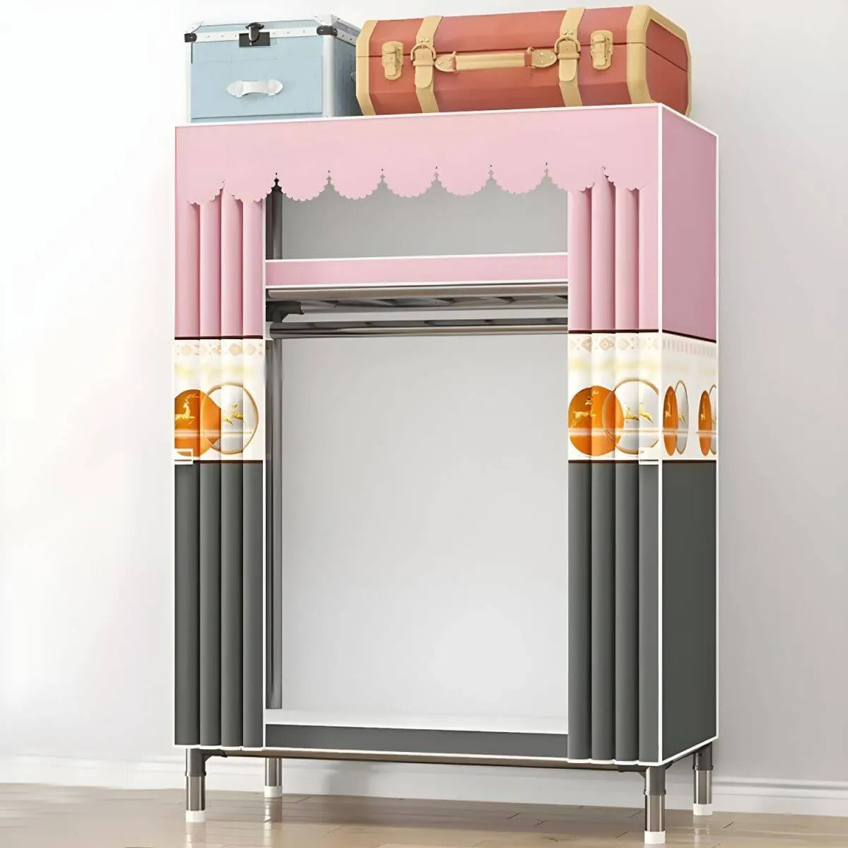 Floral Steel Sliding Door Wardrobe Armoire With Shelves And Rod