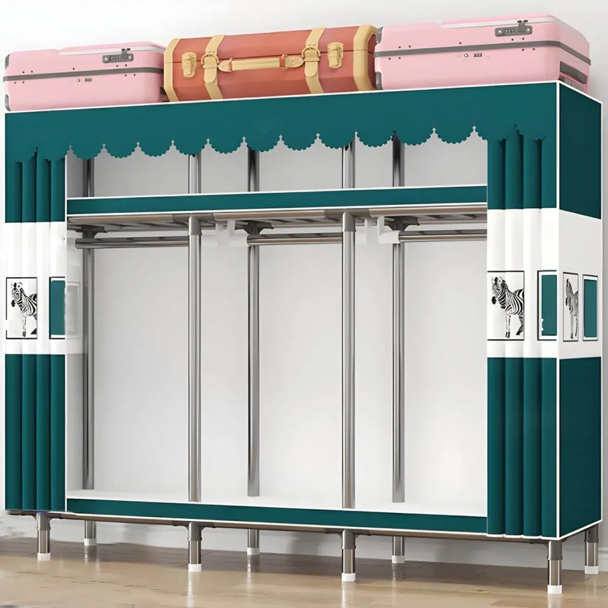 Floral Steel Sliding Door Wardrobe Armoire With Shelves And Rod
