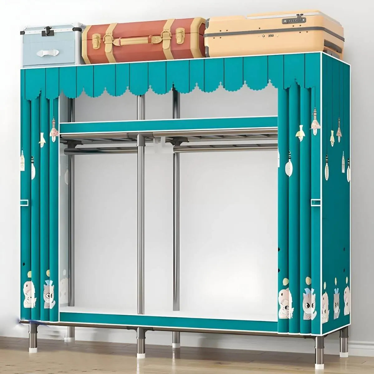 Floral Steel Sliding Door Wardrobe Armoire With Shelves And Rod