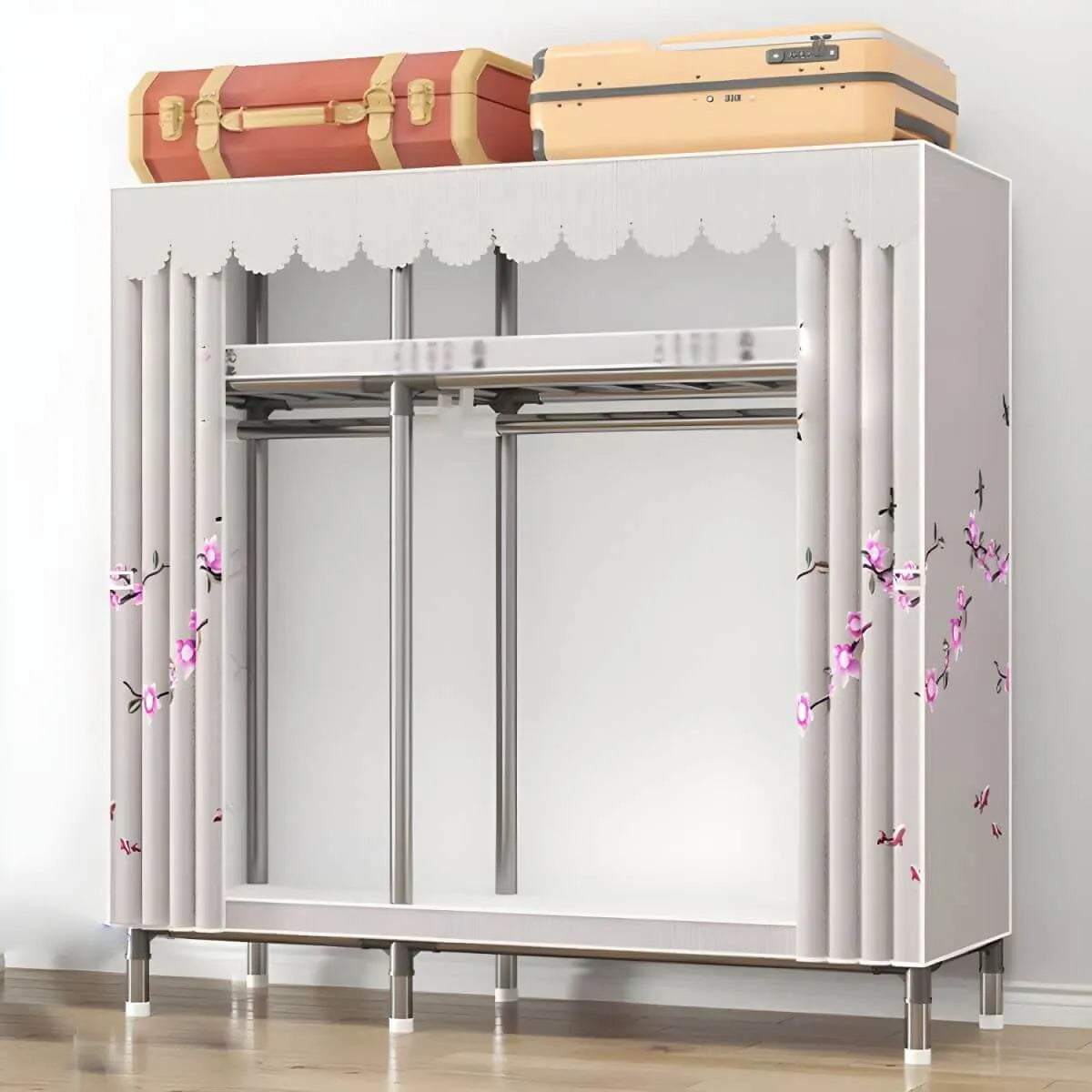 Floral Steel Sliding Door Wardrobe Armoire With Shelves And Rod