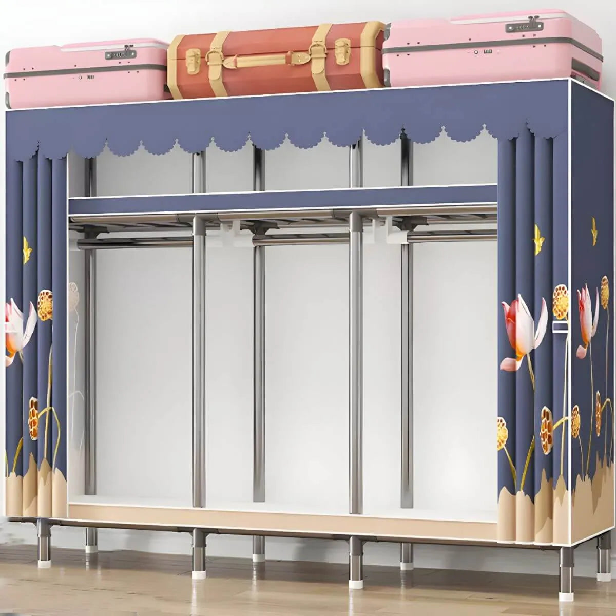 Floral Steel Sliding Door Wardrobe Armoire With Shelves And Rod