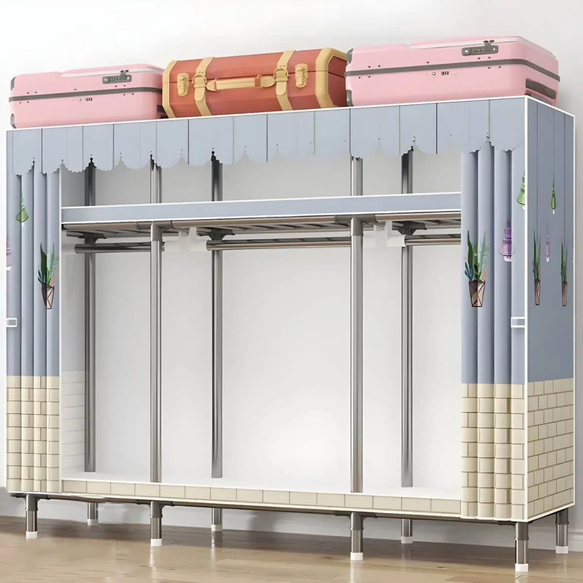 Floral Steel Sliding Door Wardrobe Armoire With Shelves And Rod