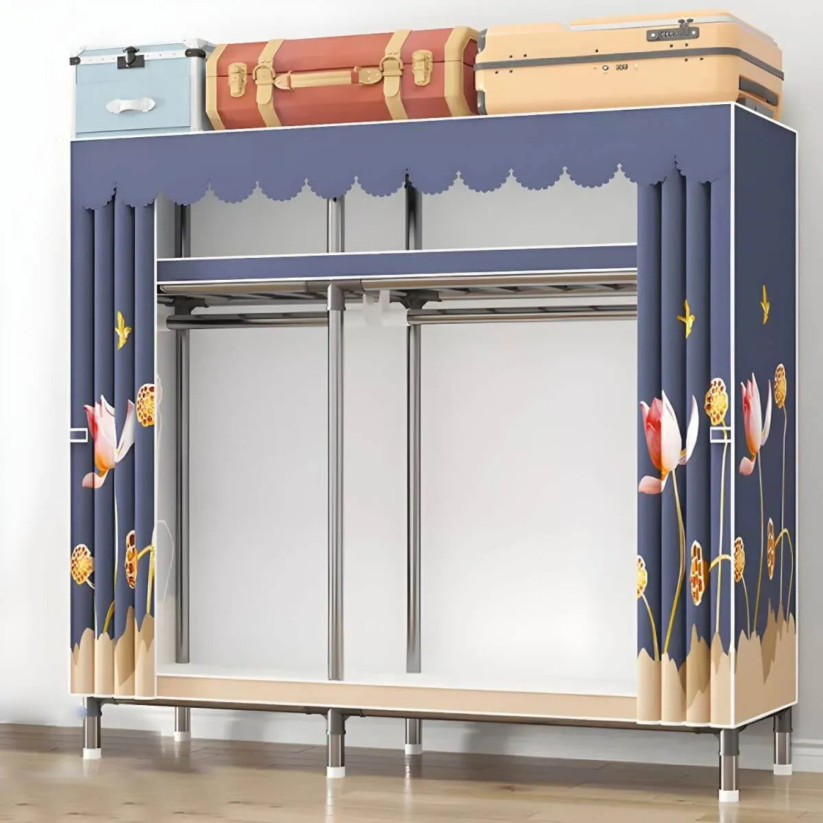 Floral Steel Sliding Door Wardrobe Armoire With Shelves And Rod