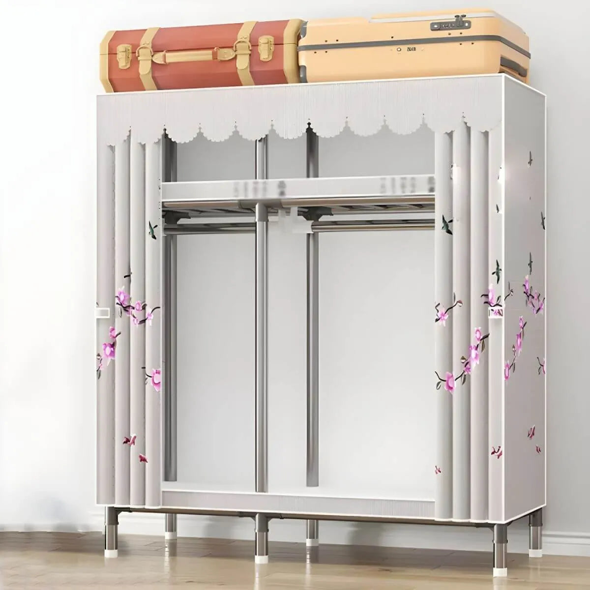 Floral Steel Sliding Door Wardrobe Armoire With Shelves And Rod