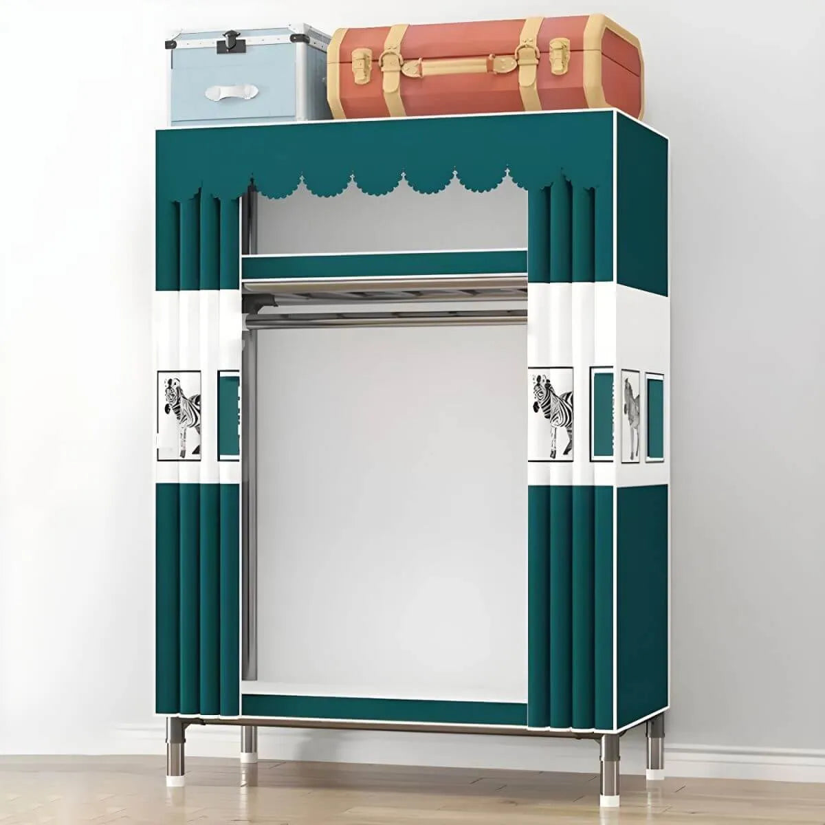 Floral Steel Sliding Door Wardrobe Armoire With Shelves And Rod