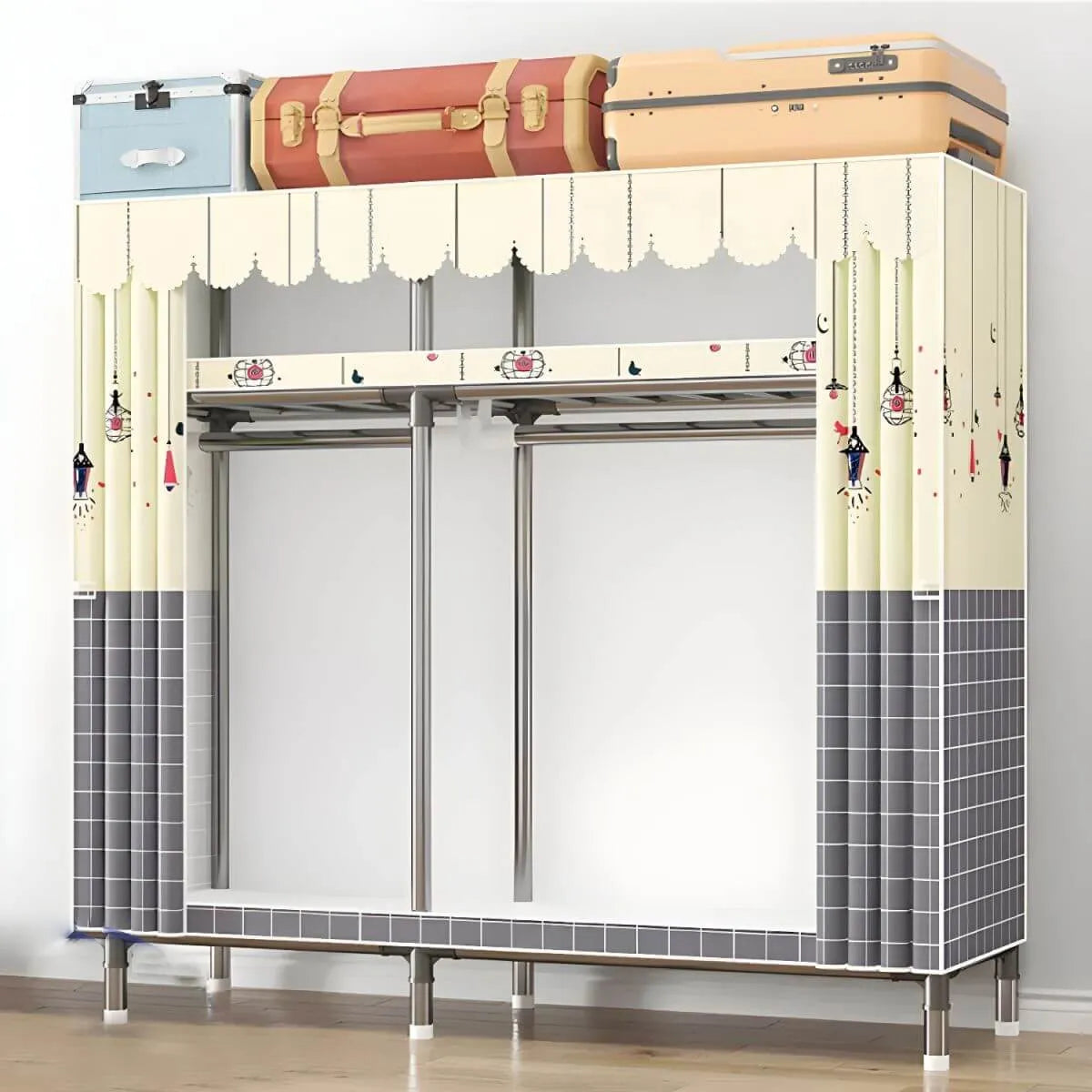 Floral Steel Sliding Door Wardrobe Armoire With Shelves And Rod