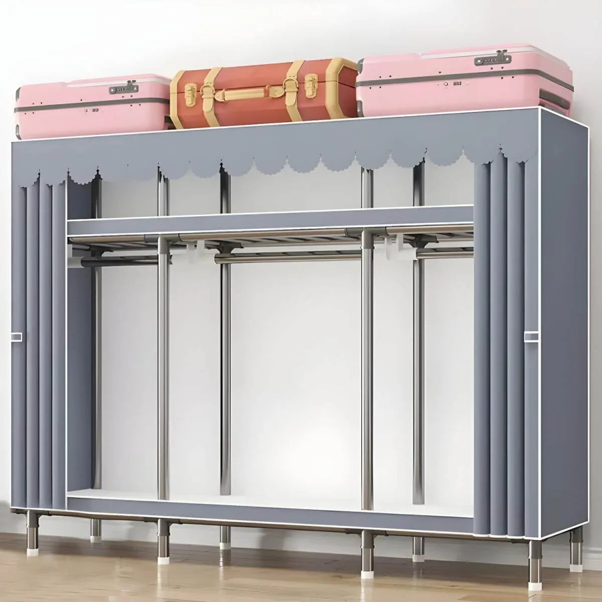 Floral Steel Sliding Door Wardrobe Armoire With Shelves And Rod