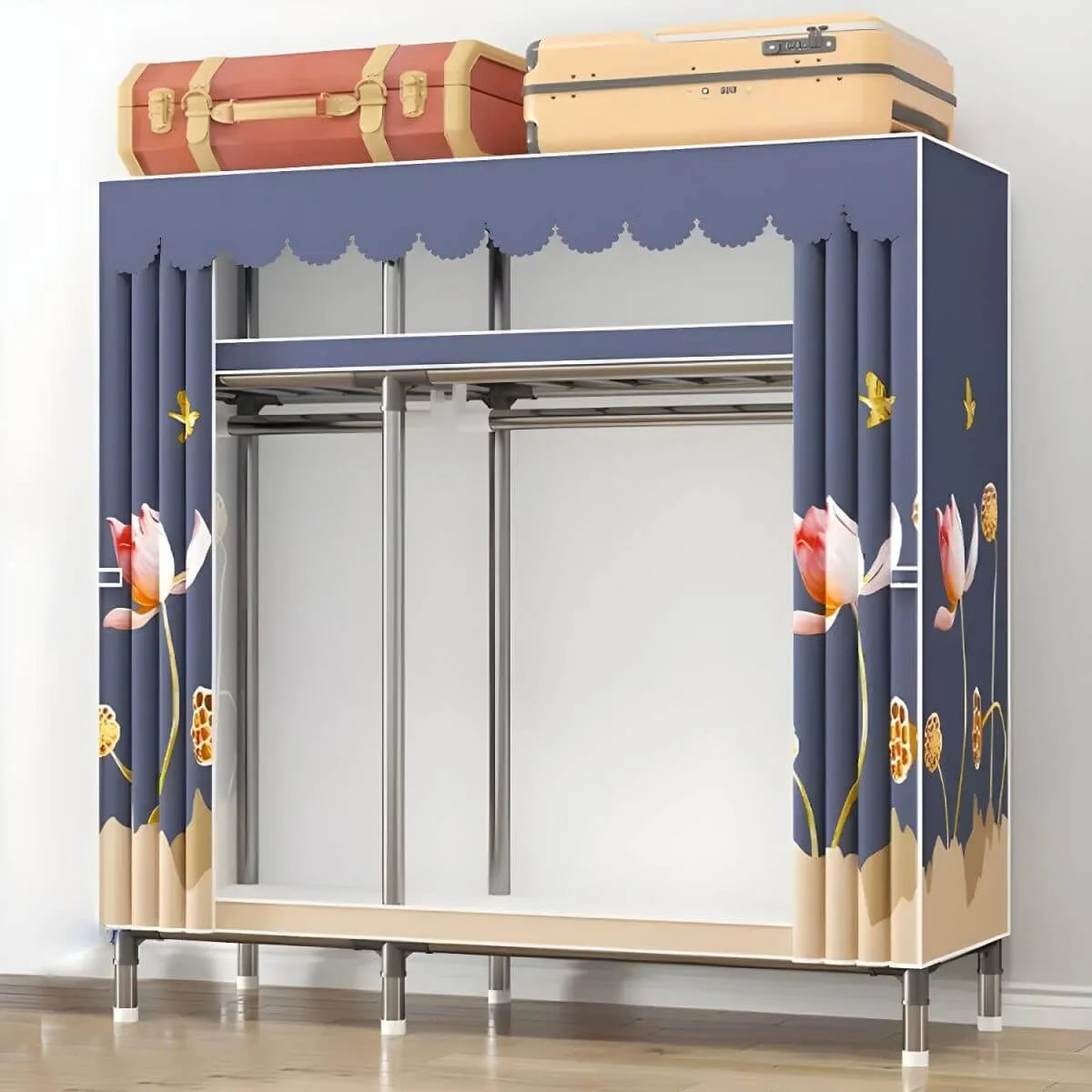Floral Steel Sliding Door Wardrobe Armoire With Shelves And Rod