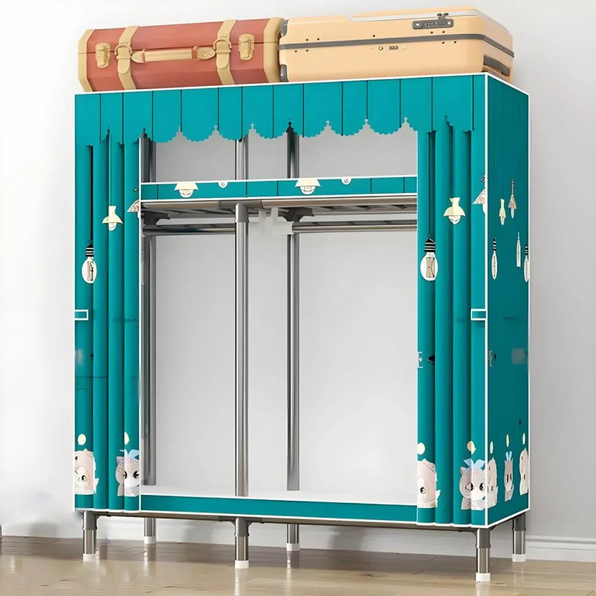 Floral Steel Sliding Door Wardrobe Armoire With Shelves And Rod